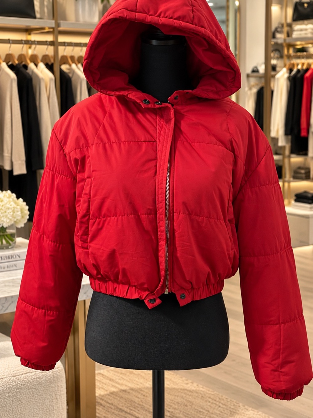 Boohoo Red Hooded Cropped Puffer Jacket